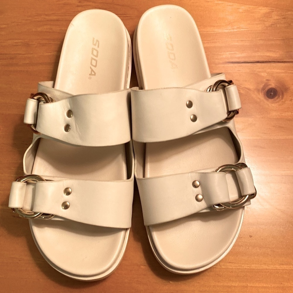 Soda Slip On Sandals With Gold Accented Buckles Size 9 GUC